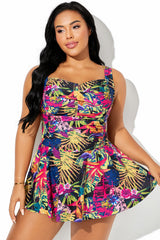 Belly Ruched Ruffle Hem Tropical Print Swimdress