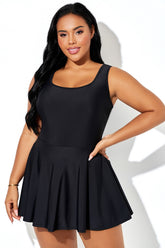 Black Square Neck Wide Strap Swimdress With Built-In Short