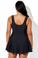 Black Square Neck Wide Strap Swimdress With Built-In Short