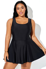 Black Square Neck Wide Strap Swimdress With Built-In Short