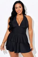 Black Halter Multi-Layer Ruched Hem Swimdress
