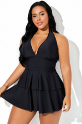 Black Halter Multi-Layer Ruched Hem Swimdress