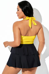 Three Color Contrast Halter Multi-Layer Ruched Hem Swimdress