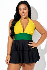 Three Color Contrast Halter Multi-Layer Ruched Hem Swimdress
