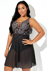 Gold Floral Deep V Neck Mesh Hem Paneled Swimdress
