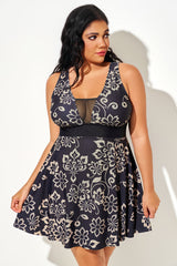 Plus Size Golden Floral Print Mesh Swimdress
