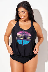 Island Print Wide Strap Racerback Blouson Tankini Top