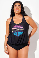 Island Print Wide Strap Racerback Blouson Tankini Top