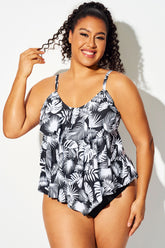 White Tropical Leaves V-neck Ruffle Tankini Top
