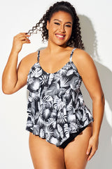 White Tropical Leaves V-neck Ruffle Tankini Top