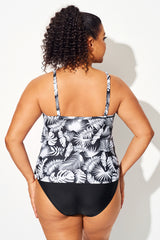 White Tropical Leaves V-neck Ruffle Tankini Top
