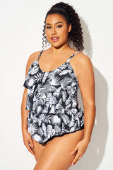 White Tropical Leaves V-neck Ruffle Tankini Top