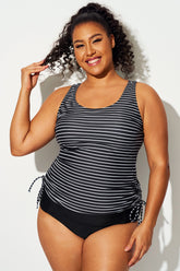 Black & White Striped Print Drawstring Tankini Top