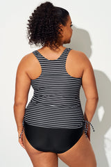 Black & White Striped Print Drawstring Tankini Top