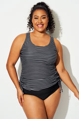 Black & White Striped Print Drawstring Tankini Top