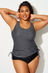 Black & White Striped Print Drawstring Tankini Top