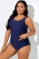 Plus Size Dark Blue Built-In Bra Racerback Tankini Top