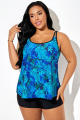 Green Palm Print Adjustable Strap Summer Tankini Top