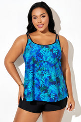 Green Palm Print Adjustable Strap Summer Tankini Top