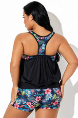 Floral Print Wide Strap T-Back Blouson Tankini Top