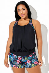 Floral Print Wide Strap T-Back Blouson Tankini Top