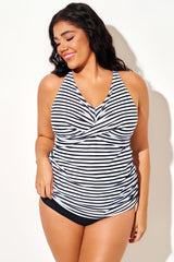 Plus Size Criss-Cross Striped Backless Tankini Top