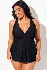 Black Adjustable Tie Straps A-line Tankini Top