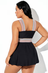 Black Cross Front Colorful Stripe Strap Tankini Top