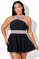 Black Cross Front Colorful Stripe Strap Tankini Top