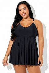 Round Neck Criss-Cross Back Tankini Top With Decorative Chain