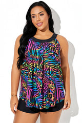 Colorful Leopard Print Sleeveless Vest Style Tankini Top