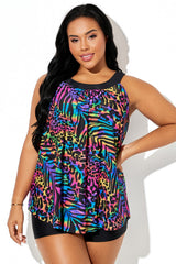 Colorful Leopard Print Sleeveless Vest Style Tankini Top
