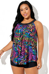 Colorful Leopard Print Sleeveless Vest Style Tankini Top