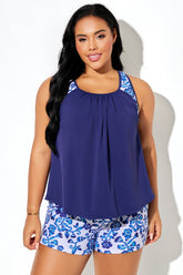 Porcelain Blue Floral Print Racerback Tankini Top