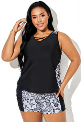 Black Floral Cross-Neck Retro Pattern Tankini Top
