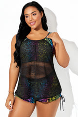 Black Hollow Crocheted Colorful Floral Print Tankini Top