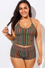 Colorful Stripe Print Halter Two Piece Tankini Set