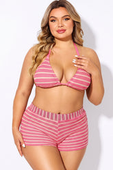 Striped Halter Bikini Three Piece Bathing Suit with Bikini Bottom and Swim Shorts