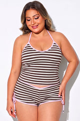 Striped Halter Tankini Three Piece Swimsuit Set