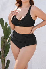 Black Solid High Waist Bikini Two Piece Swimsuit Set