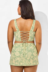 Green Print Square Neck Bikini Two Piece Set