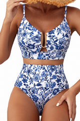 Blue Floral Print High Waist Bikini Two Piece Swimsuit Set