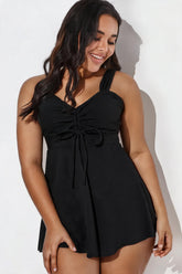 Black V-Neck Drawstring Ruched One Piece Swim Dress