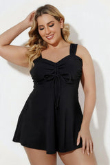Black V-Neck Drawstring Ruched One Piece Swim Dress