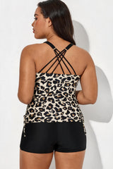 Leopard V-Neck Cross Back Two Piece Tankini Set