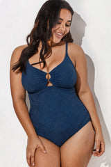 Navy Ribbed V-Neck Ring Cutout One Piece Swimsuit