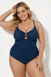 Navy Ribbed V-Neck Ring Cutout One Piece Swimsuit