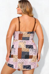 Brown Bandana Patchwork Sweetheart Drawstring One Piece Swimdress