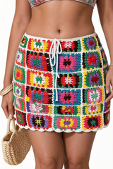 Colorful Crochet Floral Drawstring Cover Up Skirt