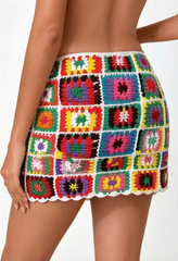 Colorful Crochet Floral Drawstring Cover Up Skirt